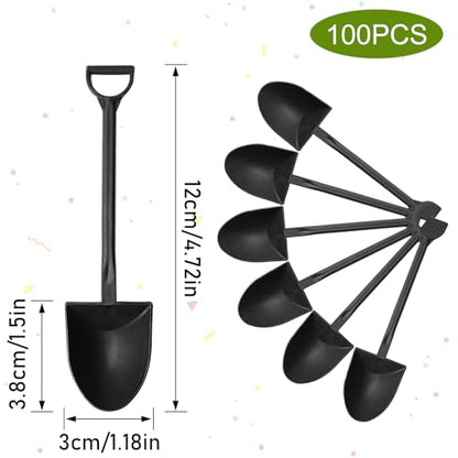 100PCS Mini Shovel Spoons for Desserts, Individual Packing Mini Shovel Spoons, Black Plastic Shovel Shaped Spoon for Party or Family
