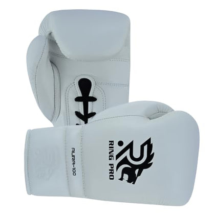 Aura 100 Full Grain Leather Lace Up Boxing Gloves for Men & Women – Professional Training, Sparring, Competition, Muay Thai, Kickboxing & Heavy Bag Gloves - color: White, size: 16 OZ