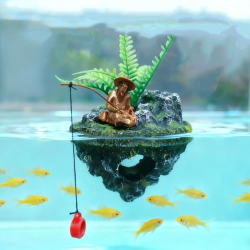 Aquarium Floating Island Decorations,Floating Fish Tank Decorations,Fisherman Aquarium Decor Island,for Betta Fish, Guppies, Goldfish, Shrimps, and Hermit Crabs