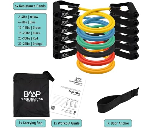 Black Mountain Products Resistance Band Set Six Bands Included - Door Anchor Workout Guide Carrying Bag Tone Build Muscle