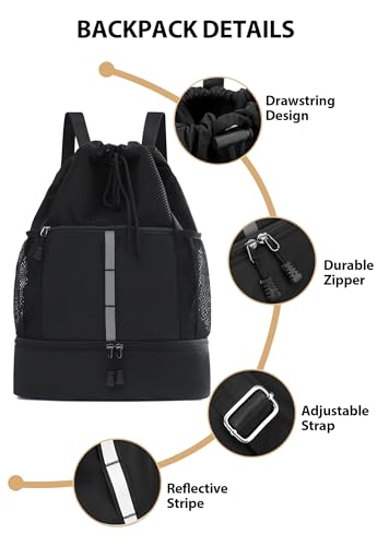 U・helper Drawstring Gym Backpack, Sports Cinch Sack, Swimming & Travel - color: Black