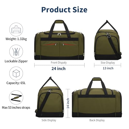 24 inch Large Gym Bag for Men - 65L Hard Bottom Duffle Bag with Shoes Compartment for Sport/Travel - Olive Green - color: Olive Grenn