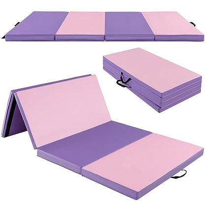 Goplus Gymnastics Mat, Folding Tumbling Mat with Carry Handles, Hook & Loop Fasteners, 4 Panels for Fitness Exercise Yoga Stretching Aerobics Workouts, Thick Gym Mats for Home - color: Pink&Purple