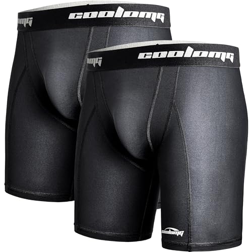 COOLOMG 2-Pack Youth Boys Compression Shorts with Cup Pocket Baseball - color: Black, size: Medium