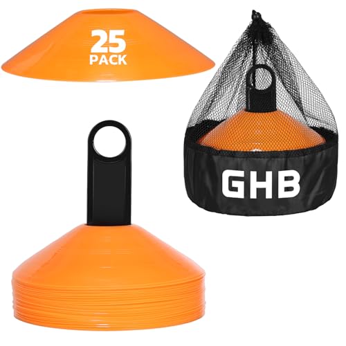 GHB Soccer Cones 25/50/100 Pack Disc Soccer Sport Cones Training Field Marker Agility Cones for Traffic, Basketball, Coaching, Practice Equipment Includes Cone Drills Guide - color: 25Pcs Orange
