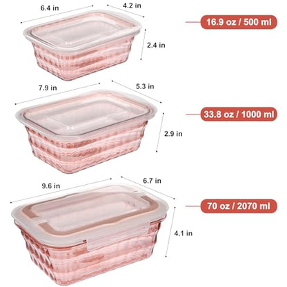 Set of 3 Food Storage Containers with Lids & Handle, BPA Free Plastic Meal Prep & Salad Bowl Containers To Go for Lunch, Salad Serving Bowls for Snack, Fruit, Veggie, Pink