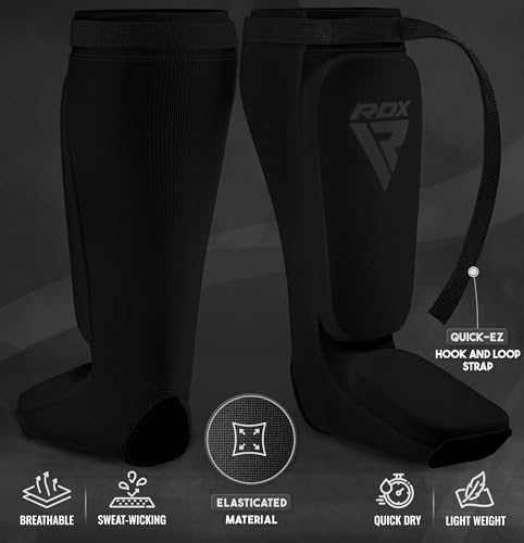 RDX Shin Guards Kickboxing Muay Thai, SATRA Approved, MMA Leg Instep Protection Pads, Sparring Training Martial Arts Boxing, Elasticated Padded Protector, Karate BJJ Taekwondo Gear, Men Women - color: Full Black, size: X-Large
