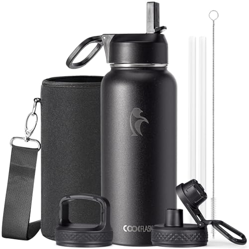 Coolflask 32 oz Water Bottle Insulated with Straw & 3 Leakproof Lids - color: Magic Black, size: 32 Ounces