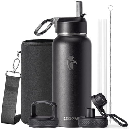 Coolflask 32 oz Water Bottle Insulated with Straw & 3 Leakproof Lids - color: Magic Black, size: 32 Ounces