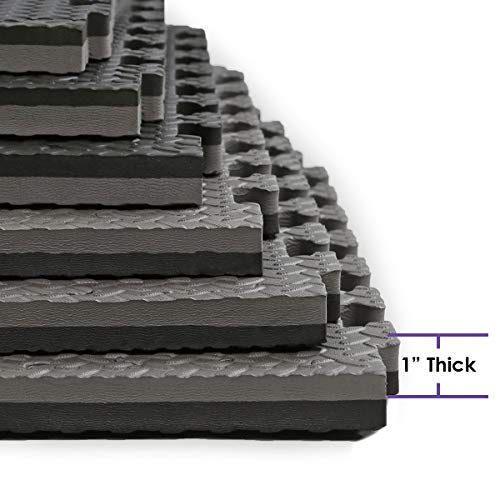 1" Extra Thick 48 sq ft Reversible EVA Gym Foam Floor Mat Tiles (24" x 24"), Steel Pattern, 12 pcs, Black & Grey