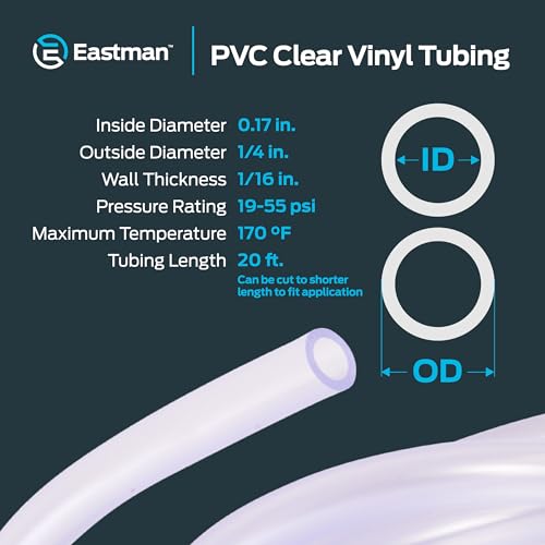 Eastman 0.17 Inch ID (1/4 Inch OD) PVC Clear Vinyl Tubing, 20 Foot Length, 98560