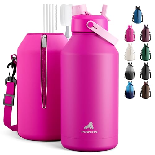 POWCAN 64 oz Insulated Metal Water Bottle for Women: 2-in-1 Straw & Spout Lid, Keep Cold 48H, Leakproof, Carrier Bag, Half Gallon Stainless Steel Water Bottle for Sports, Travel, and Fitness (Peony) - color: Peony