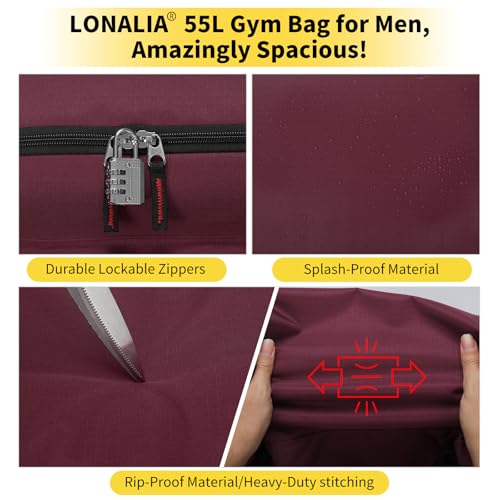 55L Large Sports Duffle Gym Bag for Men, Maroon - color: Maroon