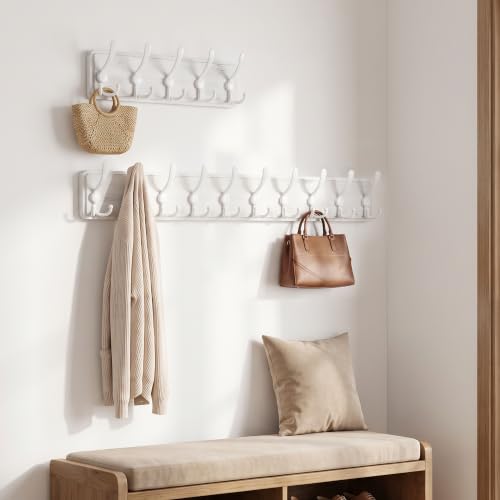WEBI Coat Rack Wall Mounted,38 9/16" Long,10 Triple Hooks,Wood Coat Hooks Wall Mount,Large Coat Hanger Wall,Hook Rack,Tri Hooks for Hanging Coats,Clothes,Jacket,Entryway,Rustic White,2 Packs - color: White/White, size: 10 Hooks(2 Packs)