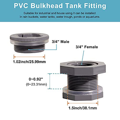 3/4 Inch PVC Bulkhead Water Tank Connector Adapter Fitting with Plugs Thru-Bulk Pipe Fitting for Rain Barrels, Aquariums, Ponds(Set of 1) - size: 3/4"-1pcs