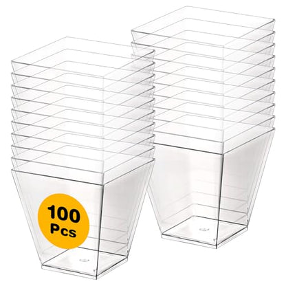 100 Pack 8 Oz Square Clear Plastic Dessert Cups & Charcuterie Cups - Disposable Mini Tasting Cup for Appetizers, Puddings, Mousse, Ice Cream, Party, Wedding Catering Supplies