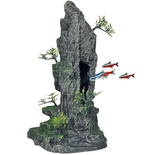 Aquarium Decor - Tall and Large Mountain Rock Ornament for Fish Tank, Aquarium Hideout with Rock Texture for Betta, Guppy, Shrimp - Safe Aquatic Decoration, Fish Hiding House（Black） - color: Tall Peak Rock - Black