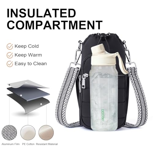 Water Bottle Bag 40 oz Crossbody Holder for Walking Hiking Insulated Carrier Purse with Adjustable Strap - color: Black