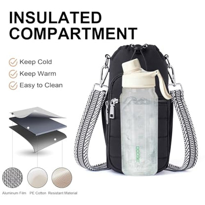 Water Bottle Bag 40 oz Crossbody Holder for Walking Hiking Insulated Carrier Purse with Adjustable Strap - color: Black