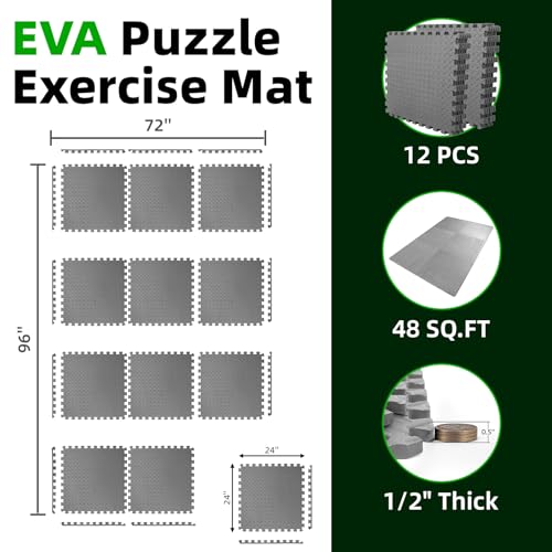 Art3d 12-Pack 24"x24" EVA Interlocking Exercise Mats,48 Sq.Ft,Grey - color: Grey, size: 48 Sq Ft