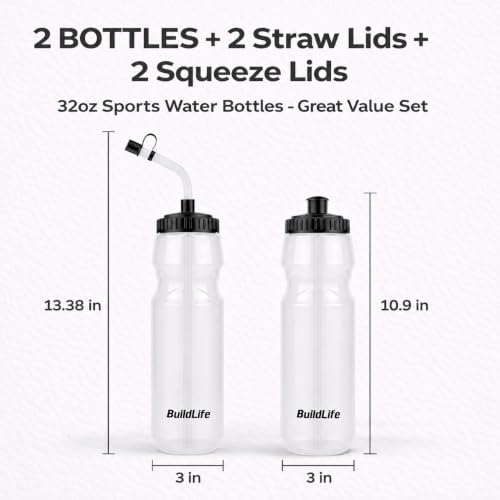 BuildLife Hockey Water Bottle with Long Straw, 32 OZ, 2 Pack, Clear - color: Clear