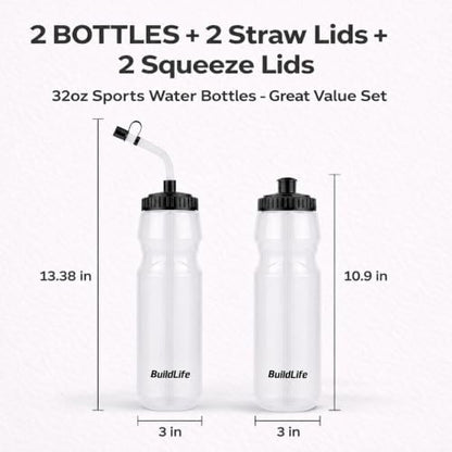 BuildLife Hockey Water Bottle with Long Straw, 32 OZ, 2 Pack, Clear - color: Clear
