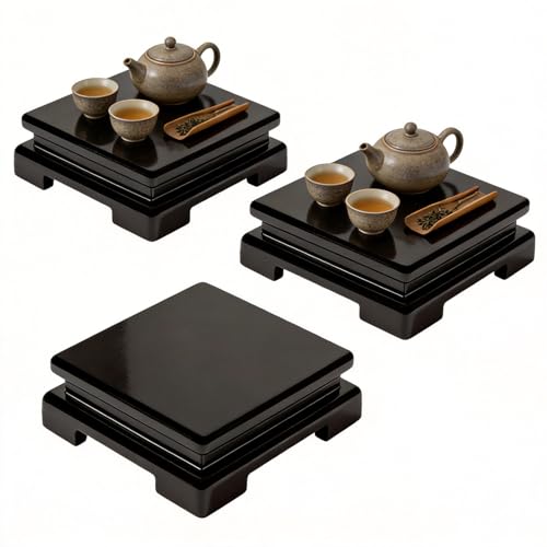 3 Pcs Square Wooden Display Stand Square Vase Riser 6.7 x 6.7 x 2 Inch Black Pedestal Stand Wood Vase Display Base for Collectibles Trophy Aquarium Lamp Teapot Home Decoration