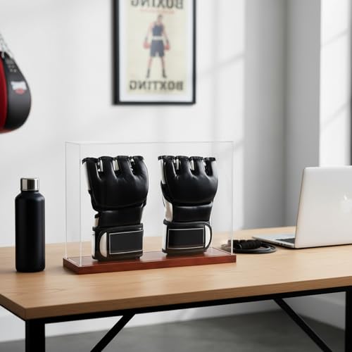 MMA Glove Display Case, No-Assembly Clear Acrylic Showcase with Wood Base - style: MMA 2 Glove Holder