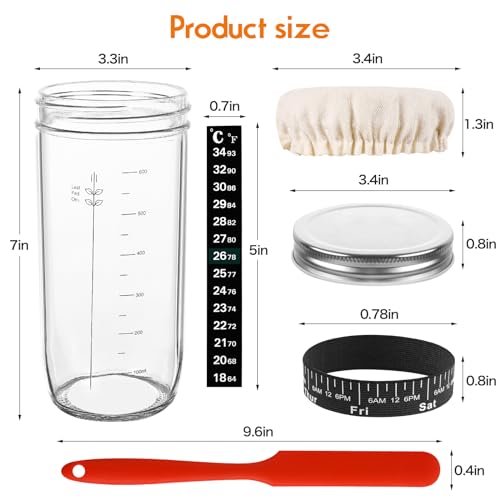 Sourdough Starter Jar Kit，Sourdough Bread Making tools Supplies,33oz Glass Jar with Date Marked Feeding Band, Precision Thermometer, Durable Cloth Cover & Secure Metal Lid forBread Making