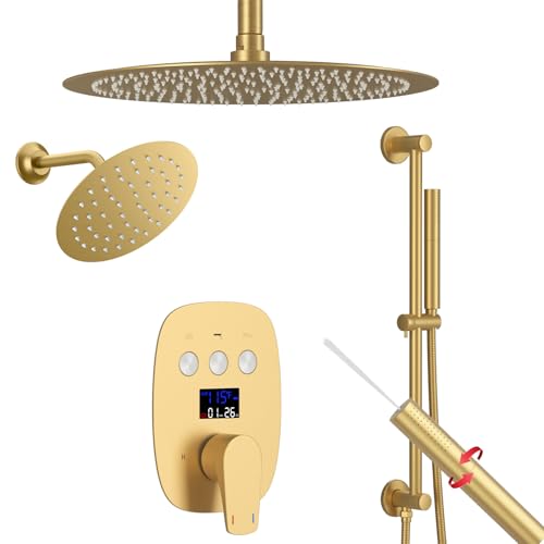 12Inch Brushed Gold Ceiling Shower System & 8Inch Wall-Mount Shower Faucet Set, 2 in 1 Handheld with Adjustable Slide Bar Included Temperature Display Valve and Trim Kit Can Work At Once
