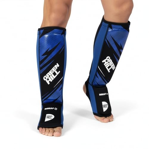 Green Hill IMMAF Shin Guards for MMA, Muay Thai & Kickboxing - color: Black/Blue, size: Large