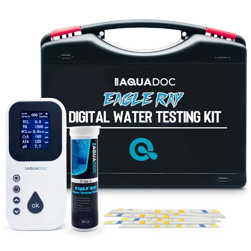 Eagle Ray Digital Water Test Kit for Pool & Spa by AquaDoc with Digital Water Tester and 30 Pool & Hot Tub Test Strips for Chlorine, Bromine, Total Hardness, Cyanuric Acid, Alkalinity and pH - size: Digital Water Test Kit