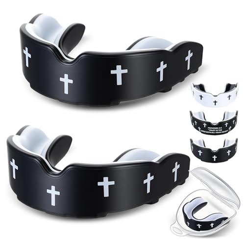 Yaomiao 2 Pcs Mouth Guards Christian Teeth Guards Sport Game Guard & Case Religious MouthGuard Soccer Football Basketball Baseball Wrestling Lacrosse Rugby Boxing Taekwondo - size: Adult, style: Black & Cross