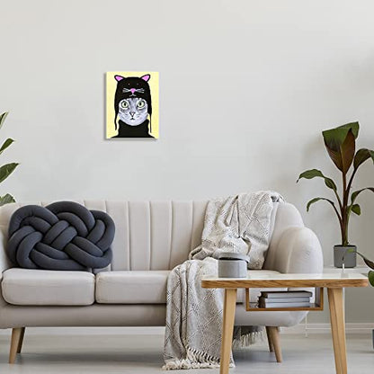 Stupell Industries Adorable Grey Cat Wearing Hat Black Turtleneck Yellow Background, Design by Coco de Paris - size: 10"L x 15"W