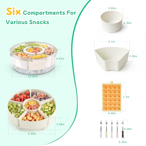 Divided Serving Tray with Lid and Handle, Rounded Snackle Box with 6 Compartments and Chill Base for Fruits, Candy, Veggie, Travel Snack Container with Portable Insulated Bag & Ice Cube Tray & 5 Forks - size: Snackle Box-6