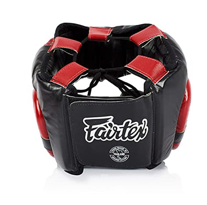 Fairtex Full Head Guard, Muay Thai MMA Sparring Helmet Protective Headgear - color: HG13 Black/Red Lace-up, size: Large