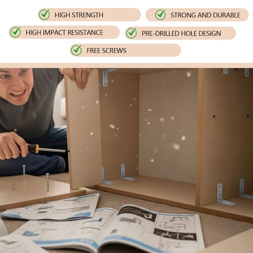 100 Pcs 2 Inch Corner Brackets 4 Hole Bracket Steel with Zinc Plated L Shaped Joint Right Angle Braces with Screws for Furniture, Shelves, Cabinets, and DIY Project