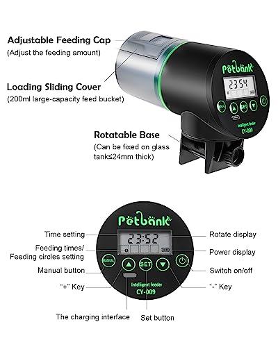 Automatic Fish Feeder - Rechargeable Timer Fish Feeder with USB Charger Cable, Fish Food Dispenser for Aquarium or Fish Tank - color: Black