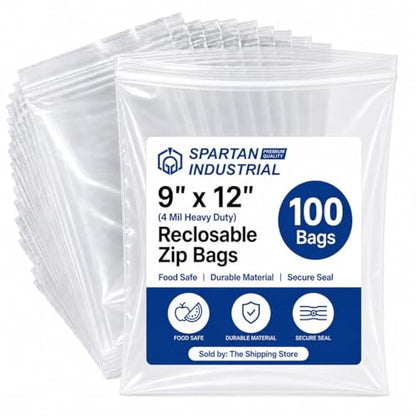 Spartan Industrial - 9” X 12” (100 Count) 4 Mil Thick Clear Reclosable Zip Plastic Poly Bags with Resealable Lock Seal Zipper - Heavy Duty and Durable - size: 9" X 12"