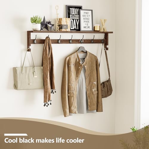 AMBIRD Coat Rack Wall Mount, 35 Inch Extra Long Wall Hooks with Hanging, Wooden Shelf with 7 Metal Hooks 2 Side Hooks, Wall Key Holder with Shelf in Entryway, Kitchen, Bathroom, Living Room, Bedroom - color: Brown, size: 7+2 Hooks 35" L