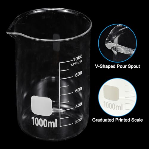PATIKIL 1000ml Glass Beaker, 2 Pack Measuring Glass Beaker Graduated Borosilicate Lab Cups Mug Low Form Heat Safe Transparent with Spout Label for Laboratory Science Kitchen Liquids - size: 1000ml