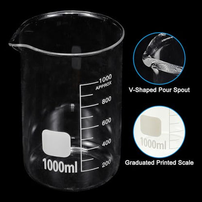 PATIKIL 1000ml Glass Beaker, 2 Pack Measuring Glass Beaker Graduated Borosilicate Lab Cups Mug Low Form Heat Safe Transparent with Spout Label for Laboratory Science Kitchen Liquids - size: 1000ml