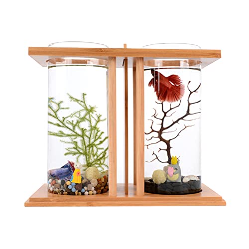 Creative Ecological Fish Tank,Dual Glass Small Fish Tank with Bamboo Wood Stand,Mini DIY Desktop Aquarium for Goldfish,Betta Fish,or Small Fish