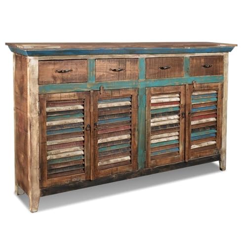 Pemberly Row 72" Shutter Sideboard, Solid Pine Wood, Multi-Color Finish, Rustic Distressed Style, 4 Doors, 4 Drawers, Full-Length Shelf, Versatile Storage for Dining Room, Living Room, or Entryway