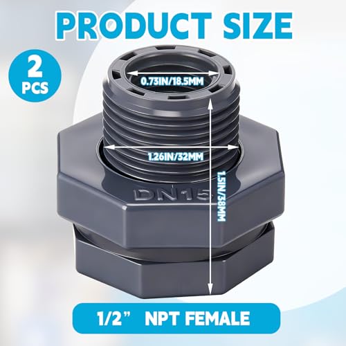 Bulkhead Fitting PVC Water Tank Connector Plumbing Pipe Threaded Bulkhead Fitting NPT for Rain Barrels, Water Tanks, Aquariums, Tubs, Pools(2 Pcs,1/2 Inch) - size: 1/2 Inch