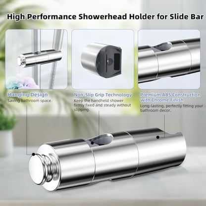 Hibbent Adjustable Shower Head Holder for Slide Bar, Universal 18.5-25mm Handheld Showerhead Bracket, Sprayer Holder with Hanging Design, Bathroom Shower Replacement, No Drill Installation, Chrome - style: Chrome