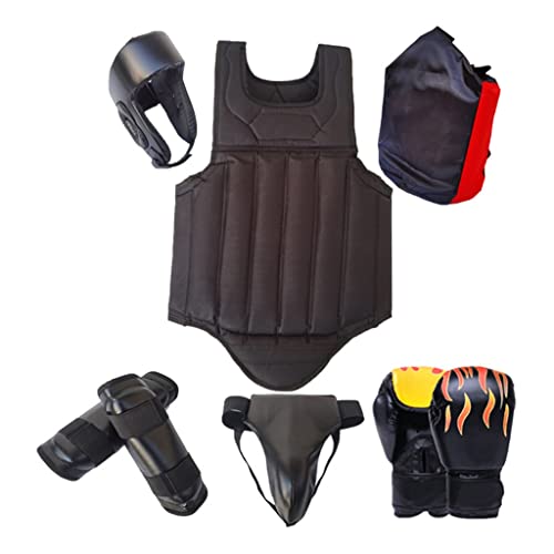 Sparring Gear Set Double Layer Thickening Sparring Gear Set,Martial Arts Protector Equipments,Sanda Kickboxing Kit 6 Pcs Set - color: Black, size: Medium