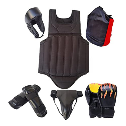 Sparring Gear Set Double Layer Thickening Sparring Gear Set,Martial Arts Protector Equipments,Sanda Kickboxing Kit 6 Pcs Set - color: Black, size: Medium