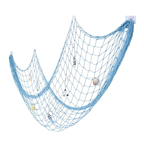 ITEFDTUTNE Natural Fishing Net Decor with Shells, Soft Cotton Rope Ocean Themed Mesh Wall Hanging Fish Net Decoration for Home Wedding Birthday Party Beach (Blue)