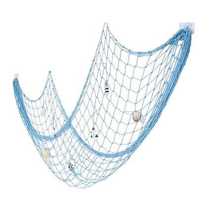 ITEFDTUTNE Natural Fishing Net Decor with Shells, Soft Cotton Rope Ocean Themed Mesh Wall Hanging Fish Net Decoration for Home Wedding Birthday Party Beach (Blue)